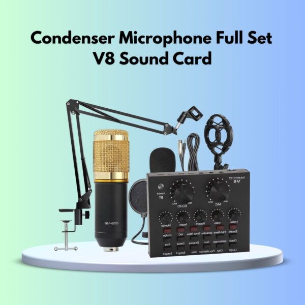 Full set of condenser microphone with V8 sound card, designed for high-quality audio recording and streaming.