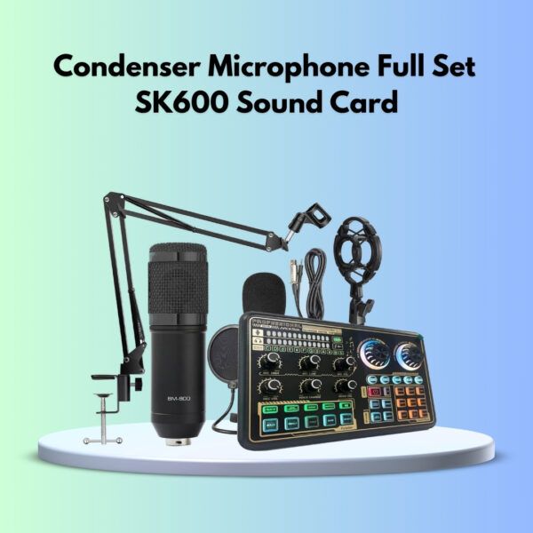 Condenser microphone full set with SK600 sound card, featuring a sleek design and professional audio capabilities.
