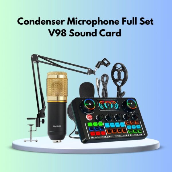 Condenser microphone full set with V98 sound card, designed for high-quality audio recording and streaming.