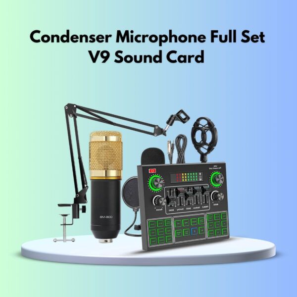 Condenser microphone full set with V9 sound card, designed for high-quality audio recording and streaming.