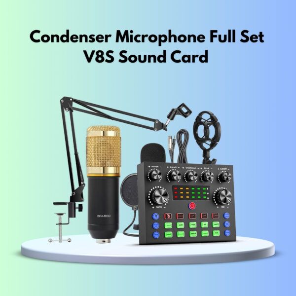 Condenser microphone full set with V8S sound card, designed for high-quality audio recording and broadcasting.