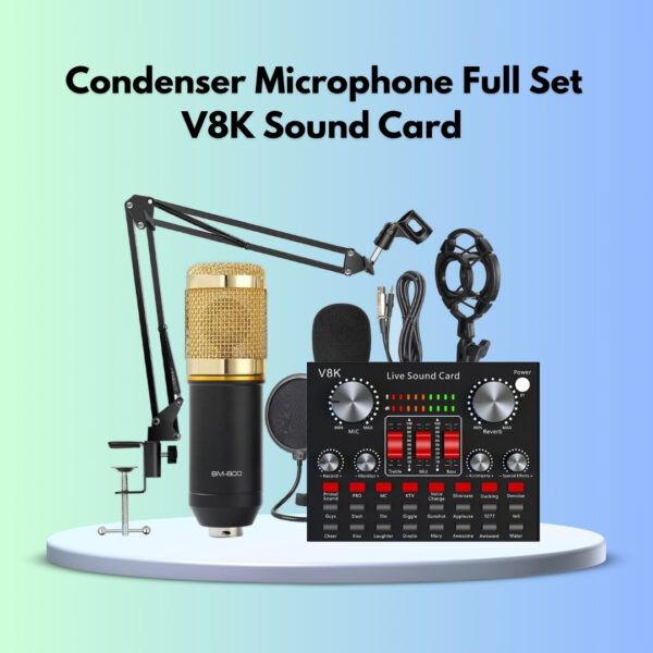 Condenser microphone full set with V8K sound card, designed for high-quality audio recording and streaming.